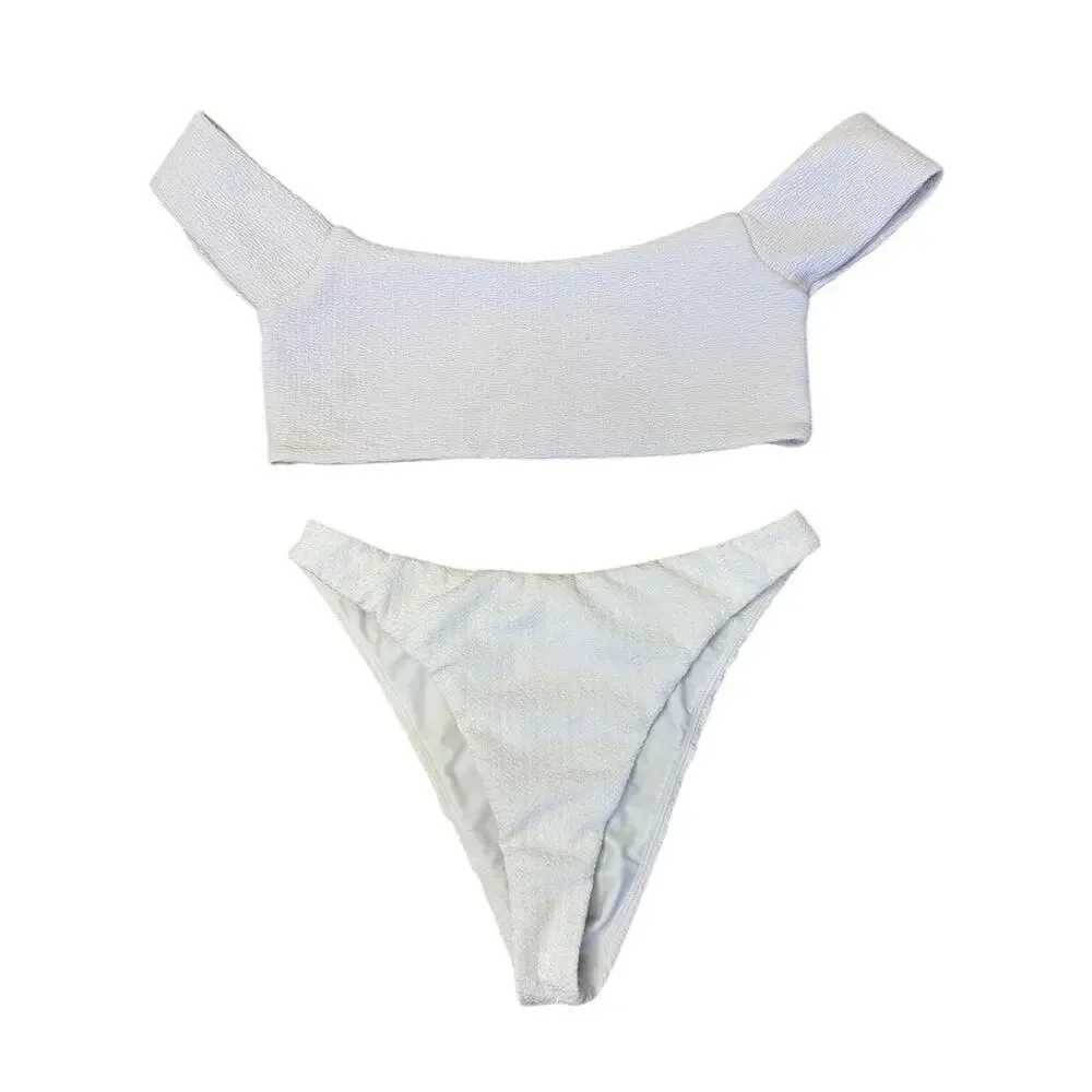 LOVERS + FRIENDS Tess Off The Shoulder High Waist Bottoms Textured Bikini Set S - Picture 2 of 9